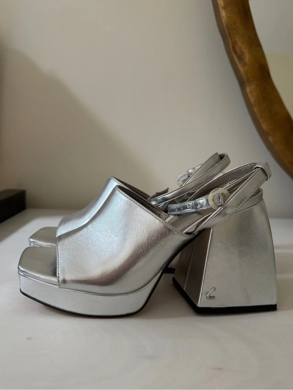 Silver Platform Slingback Heels NWOT